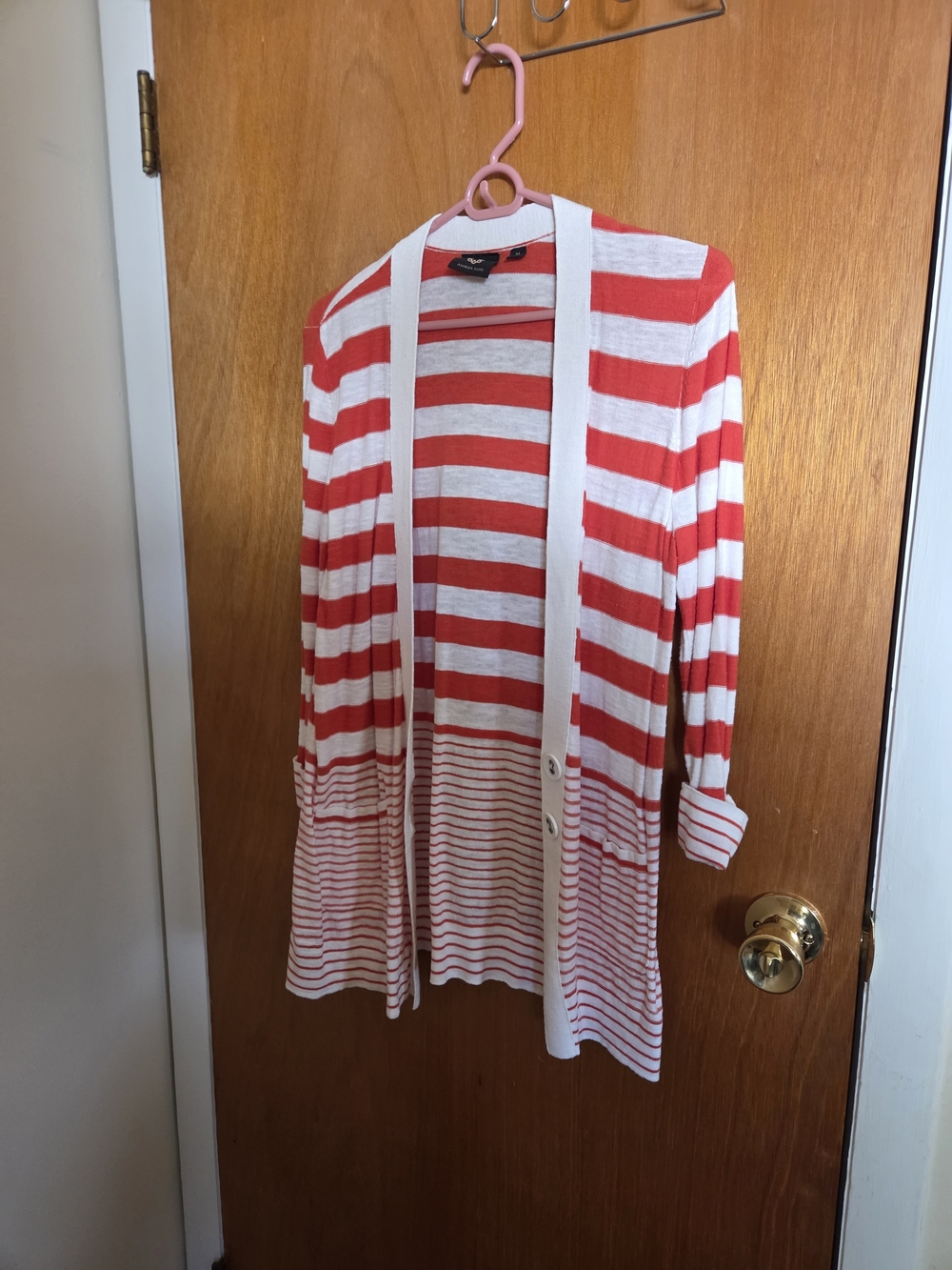 Striped Open-Front Cardigan Sweater - Orange & White